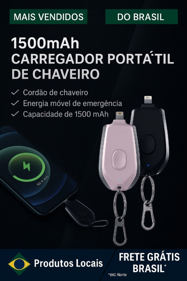 Mini Carregador de Chaveiro 1500mAh — Compacto e com Carga Rápida